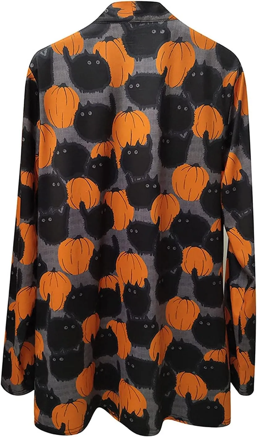kinstell Women Halloween Long Sleeve Open Front Cardigan Pumpkin Animal Black Cat Ghost Lightweight Coat