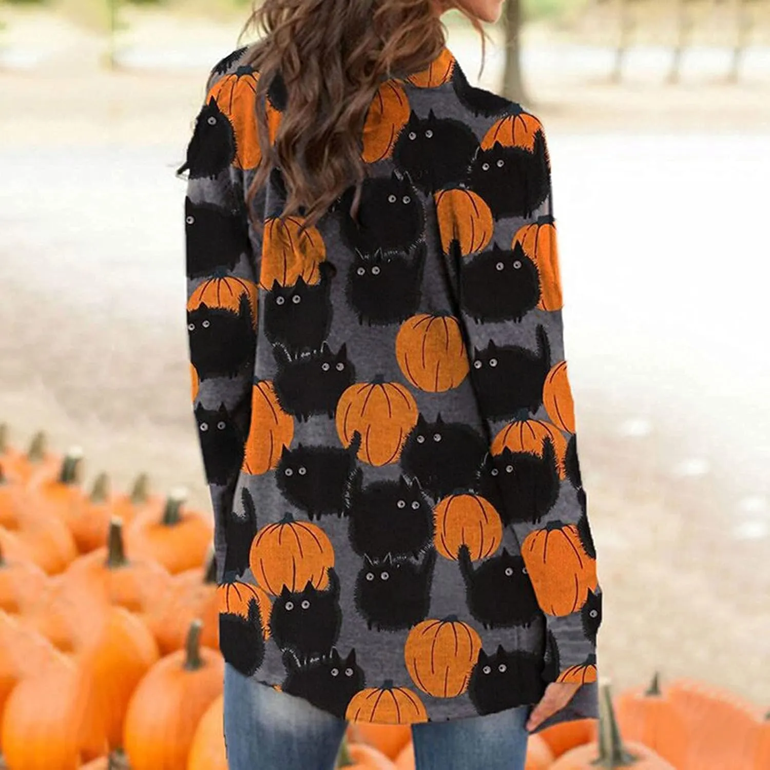 kinstell Women Halloween Long Sleeve Open Front Cardigan Pumpkin Animal Black Cat Ghost Lightweight Coat