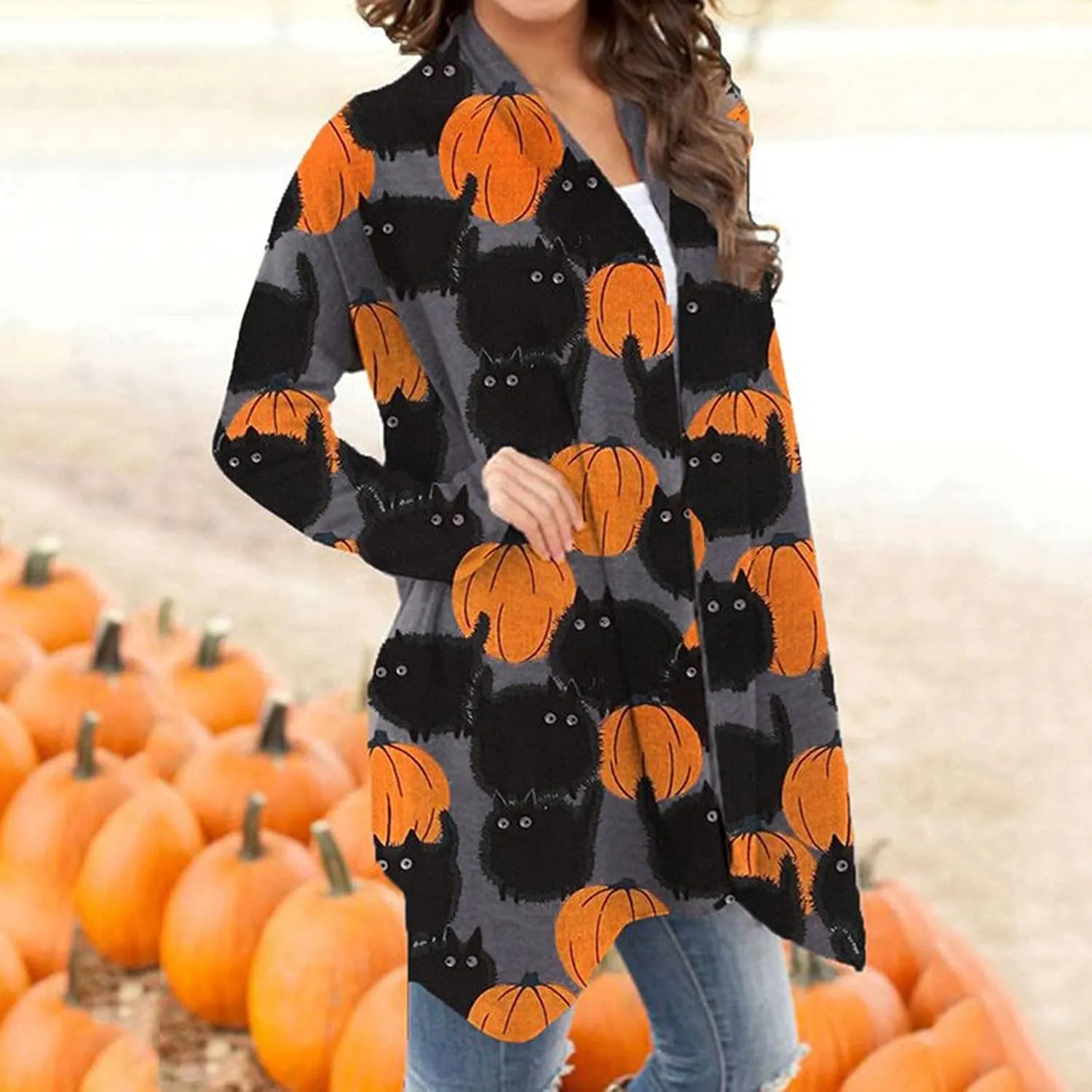 kinstell Women Halloween Long Sleeve Open Front Cardigan Pumpkin Animal Black Cat Ghost Lightweight Coat