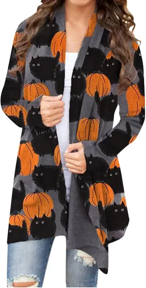kinstell Women Halloween Long Sleeve Open Front Cardigan Pumpkin Animal Black Cat Ghost Lightweight Coat