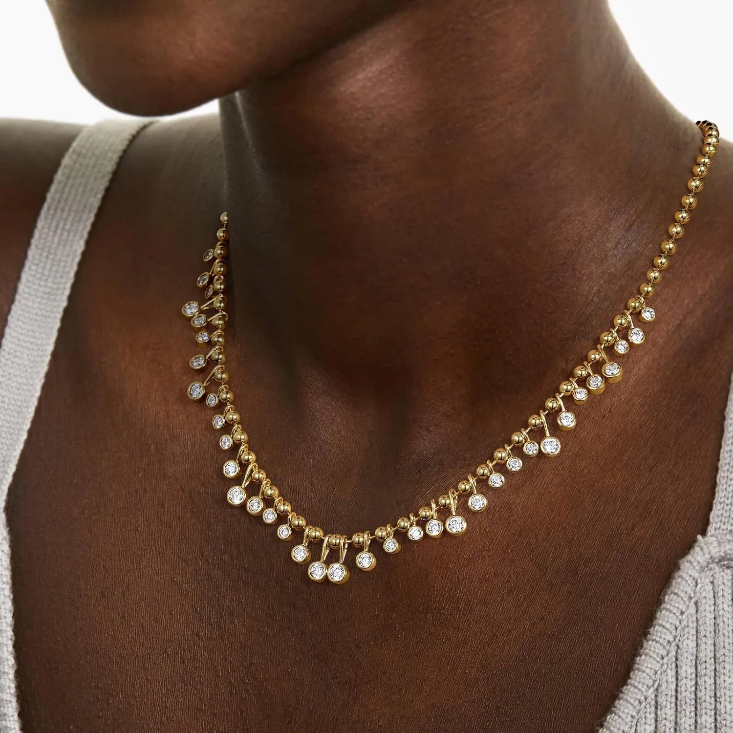 KissYan Cubic Zirconia Charm Necklace for Women, 14K Gold Plated Beaded Choker Rainbow White CZ Necklaces Dainty Summer Jewelry Gift