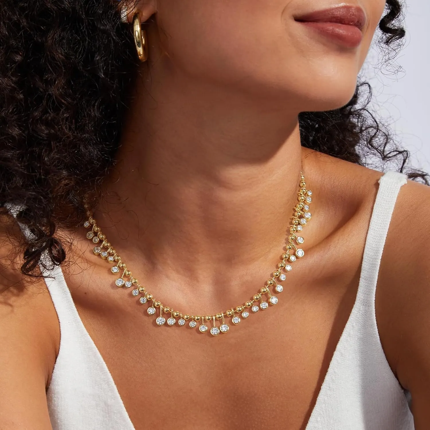 KissYan Cubic Zirconia Charm Necklace for Women, 14K Gold Plated Beaded Choker Rainbow White CZ Necklaces Dainty Summer Jewelry Gift