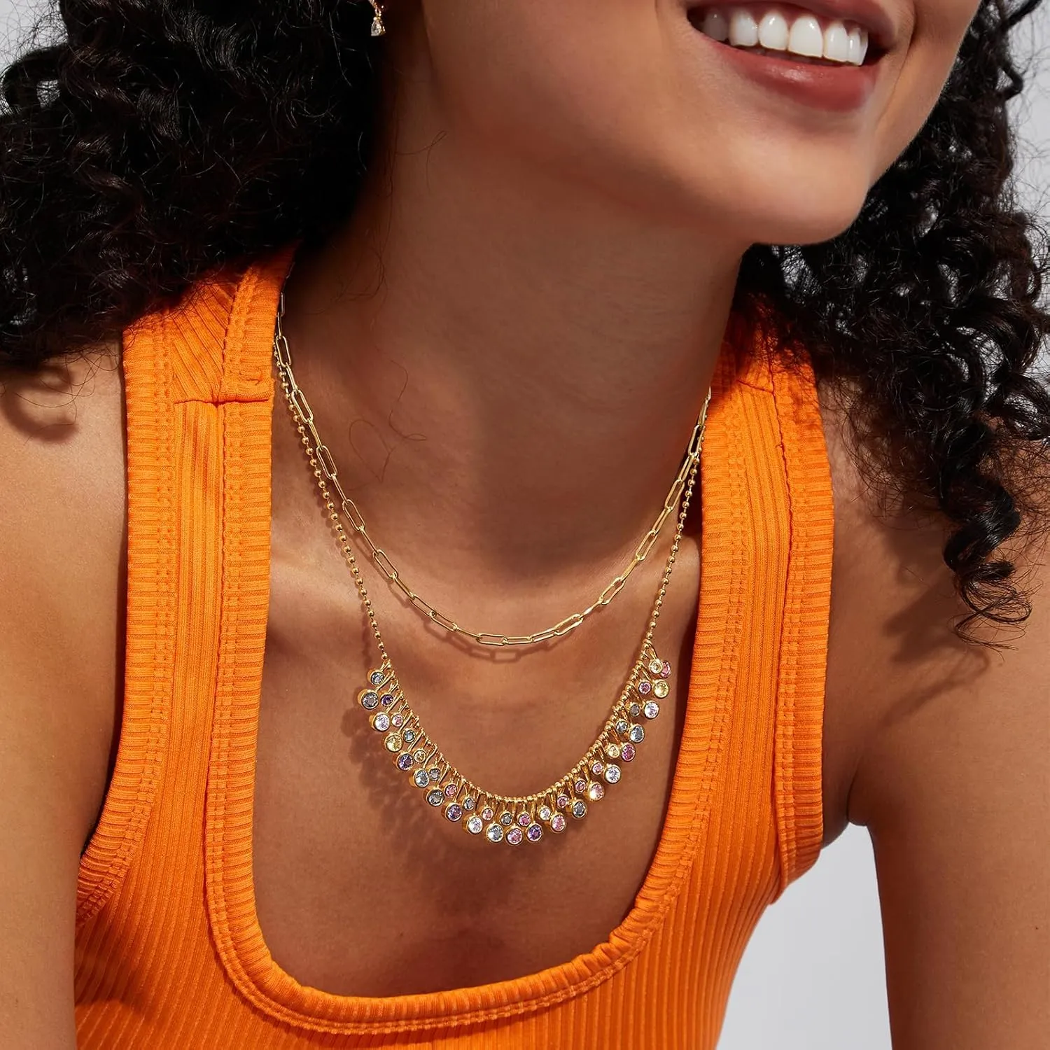 KissYan Cubic Zirconia Charm Necklace for Women, 14K Gold Plated Beaded Choker Rainbow White CZ Necklaces Dainty Summer Jewelry Gift