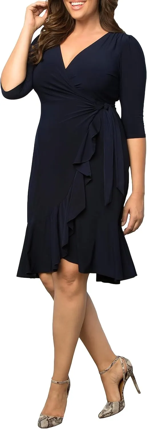 Kiyonna Plus Size Whimsy Ruffled Midi Wrap Dress with Sleeves - Cocktail, Party, Wedding Guest or Work
