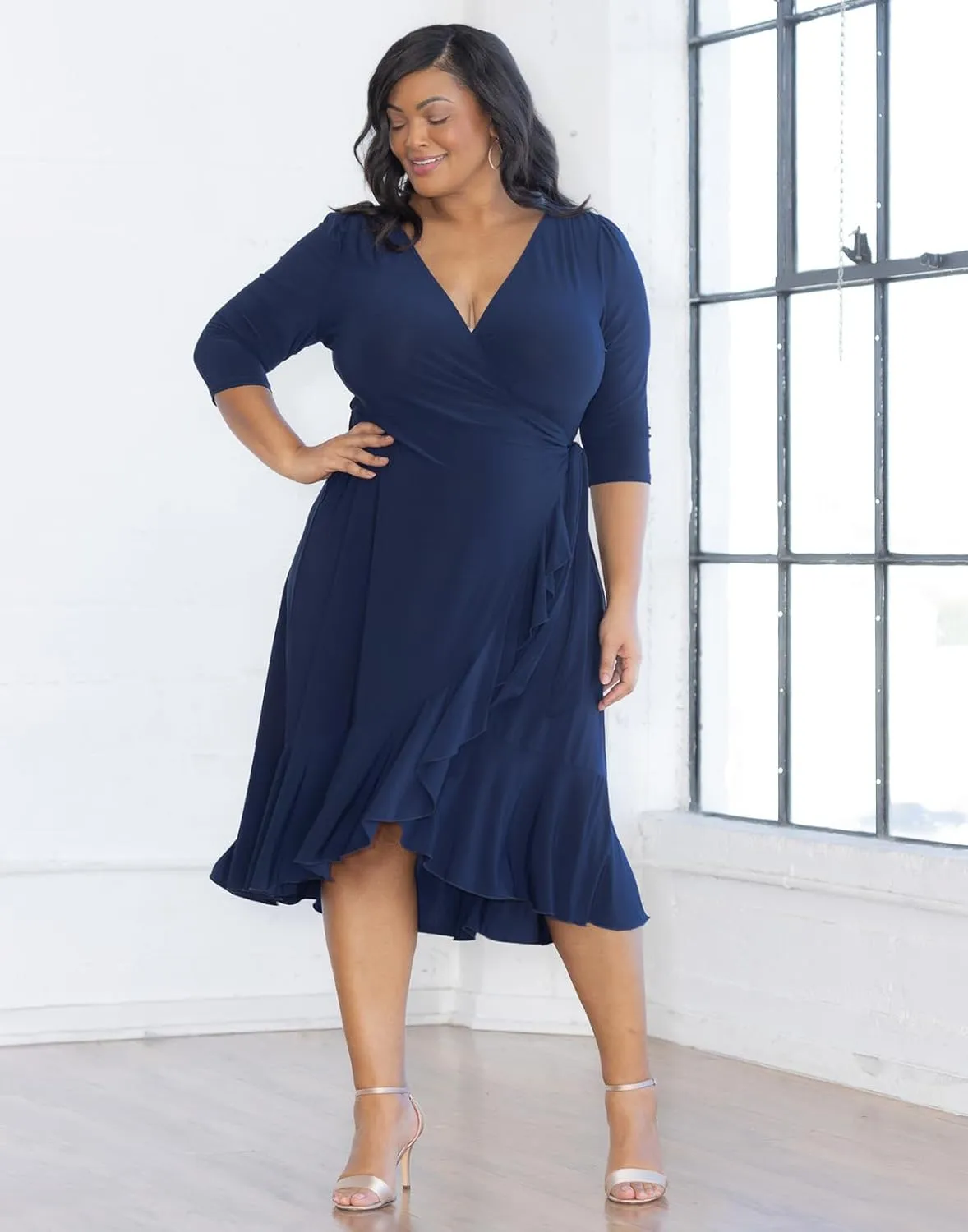 Kiyonna Plus Size Whimsy Ruffled Midi Wrap Dress with Sleeves - Cocktail, Party, Wedding Guest or Work
