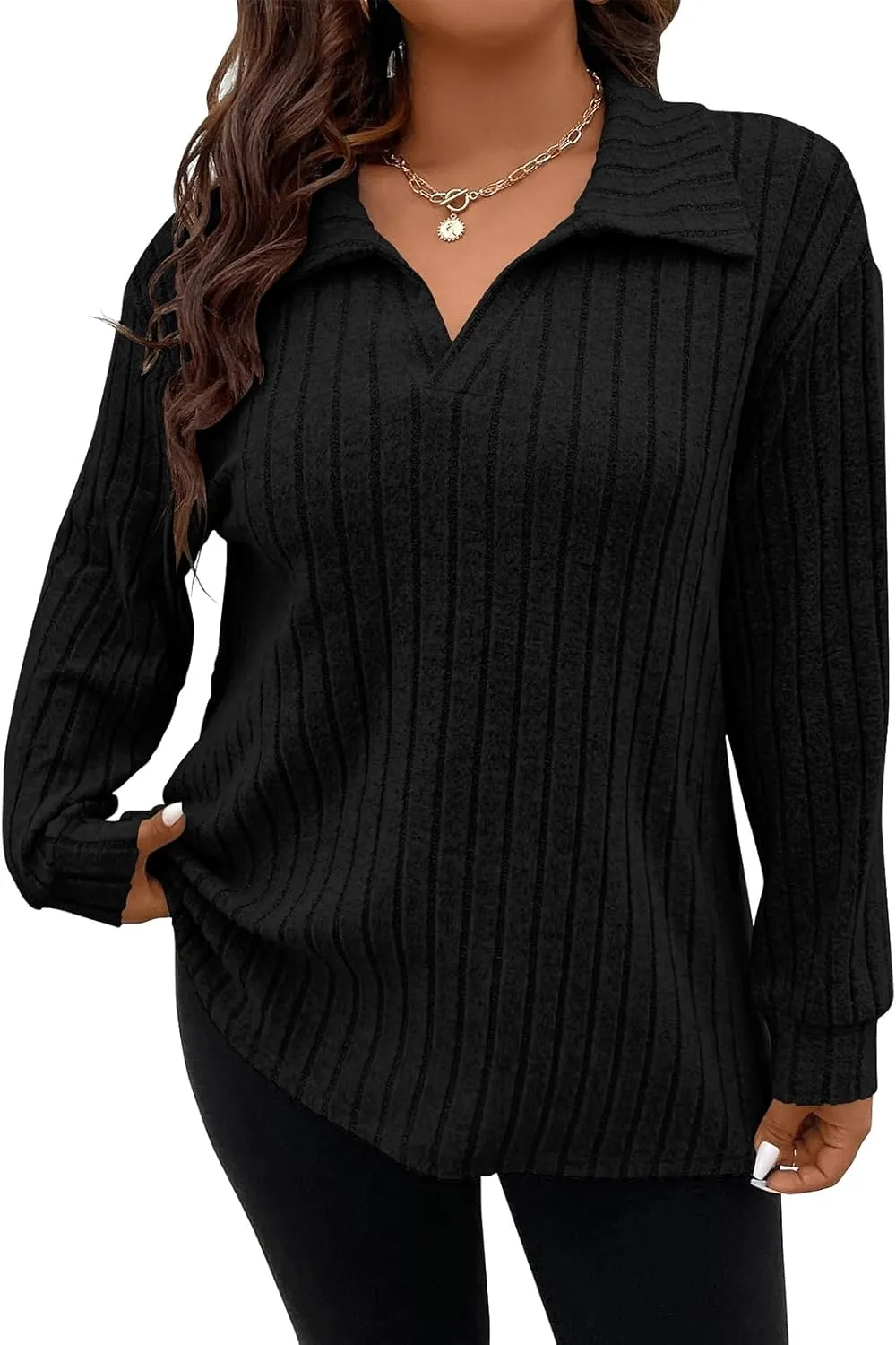 Koscacy Women Plus Size Casual Knit Sweater Lapel V Neck Solid Color Tops Lightweight Long Sleeve Blouses