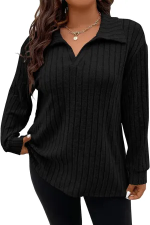 Koscacy Women Plus Size Casual Knit Sweater Lapel V Neck Solid Color Tops Lightweight Long Sleeve Blouses