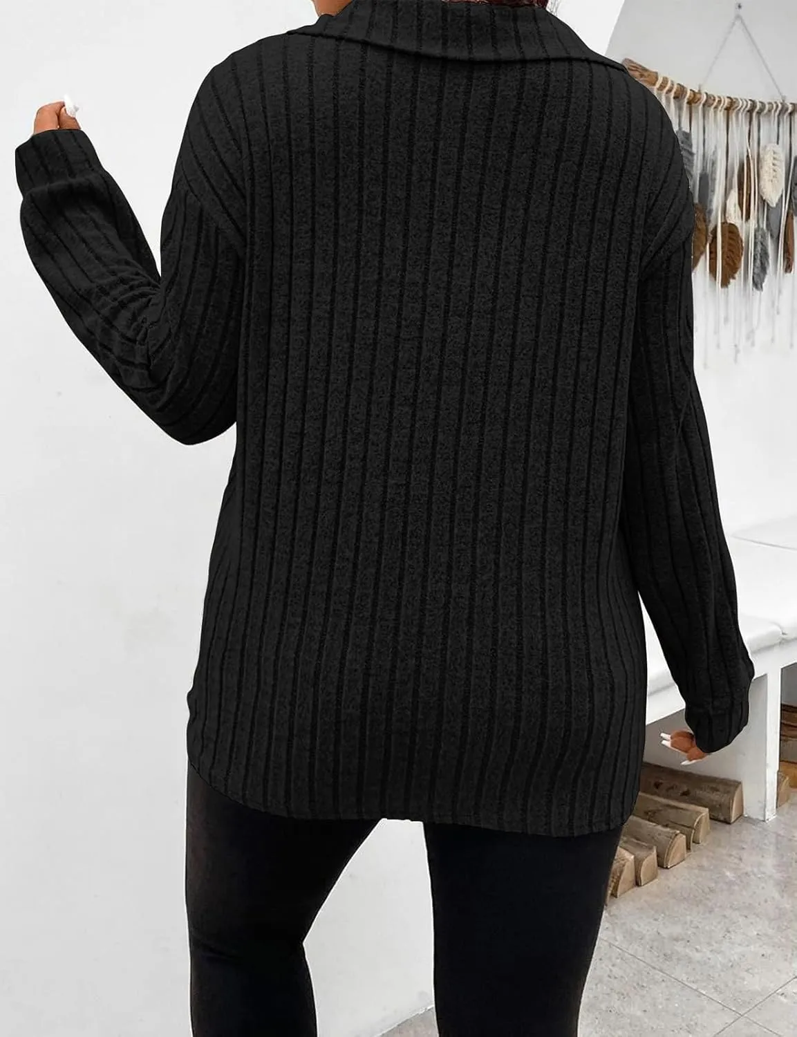 Koscacy Women Plus Size Casual Knit Sweater Lapel V Neck Solid Color Tops Lightweight Long Sleeve Blouses