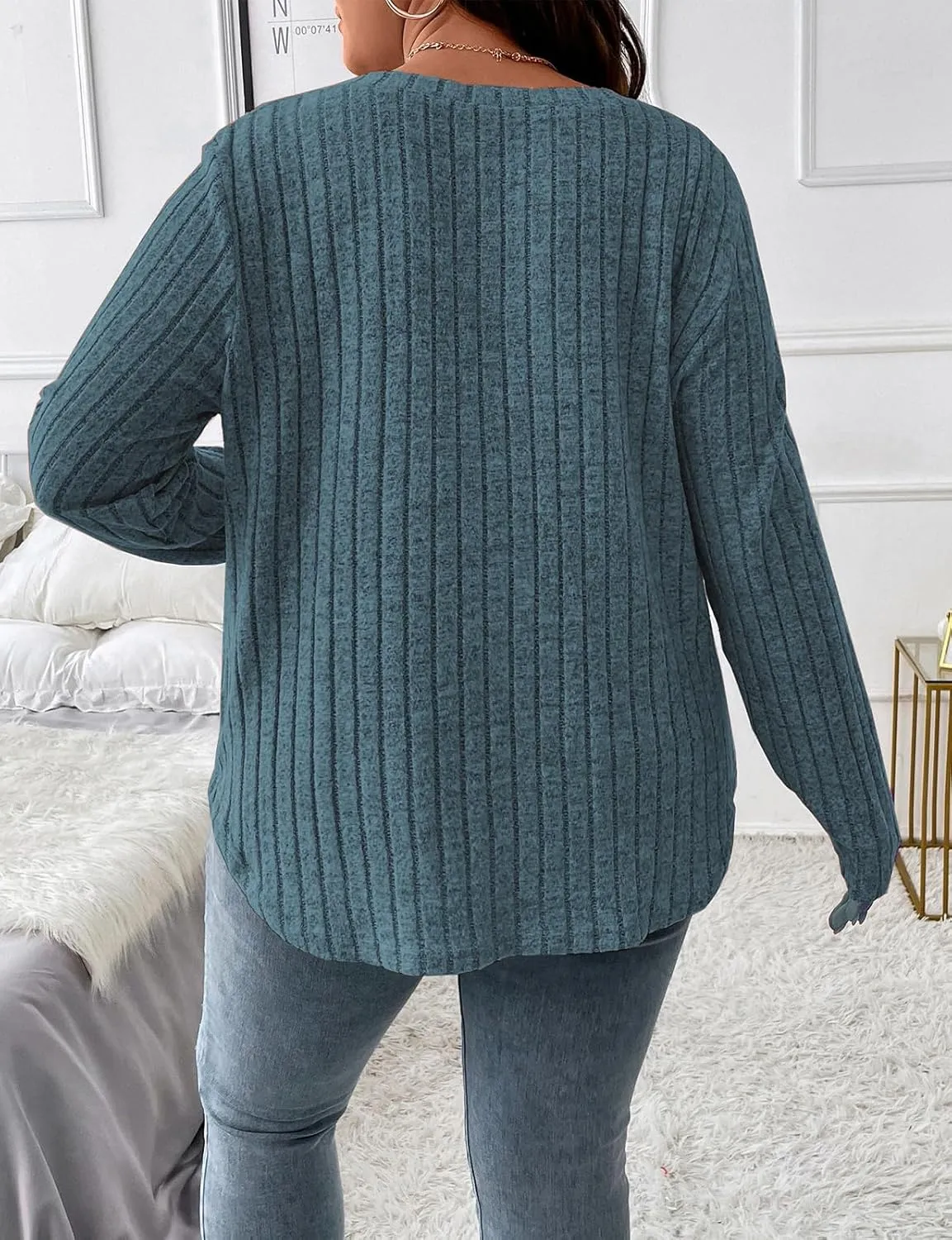 Koscacy Women Plus Size Casual Knit Sweater V Neck Solid Color Tops Lightweight Long Sleeve Blouses