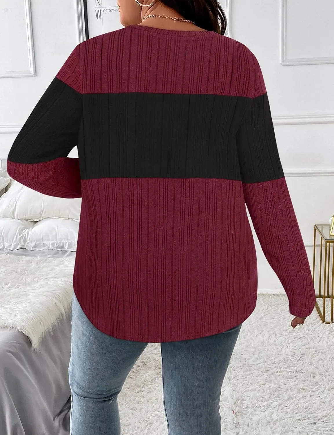 Koscacy Women Plus Size Casual Knit Sweater V Neck Solid Color Tops Lightweight Long Sleeve Blouses