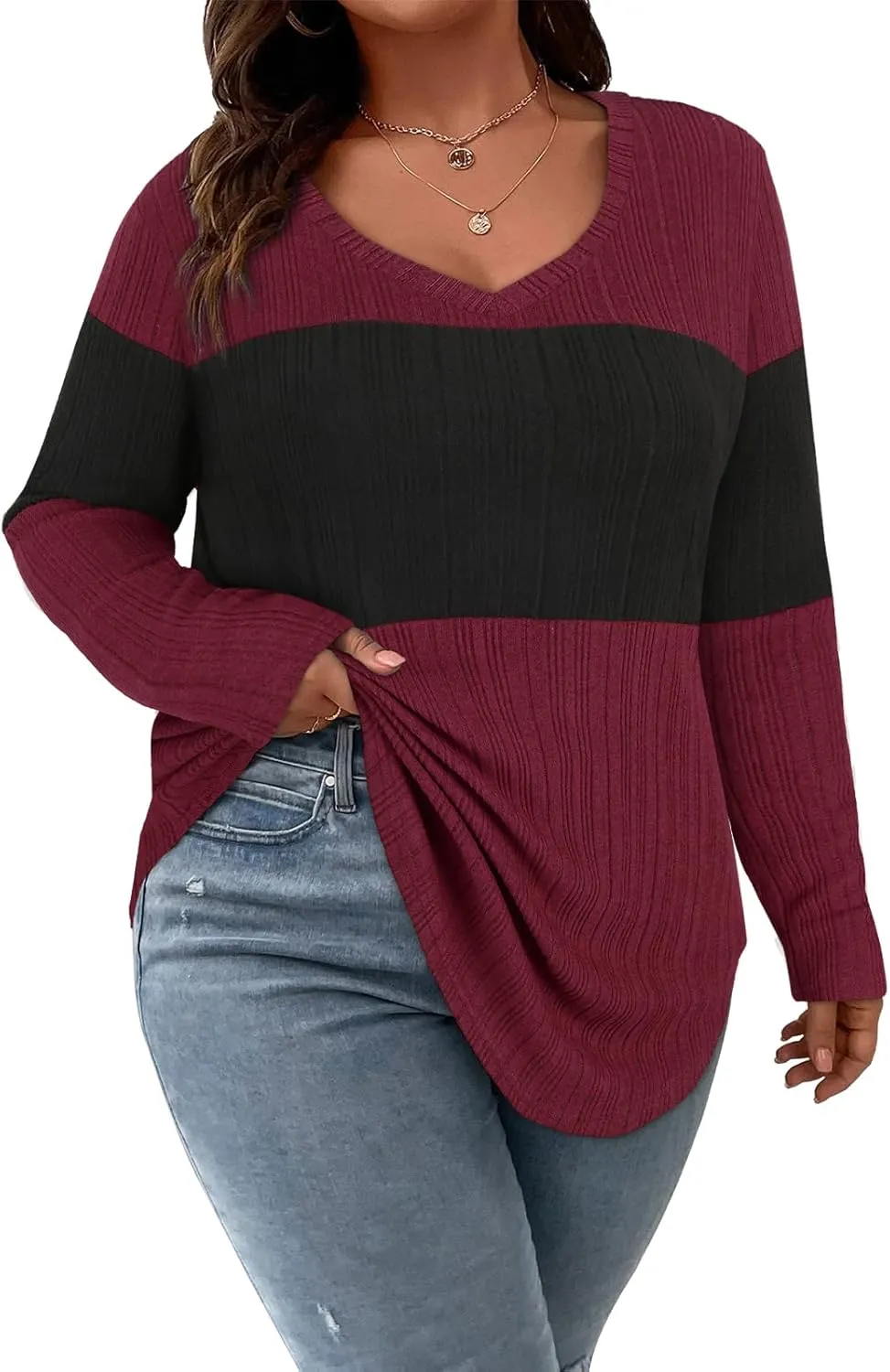 Koscacy Women Plus Size Casual Knit Sweater V Neck Solid Color Tops Lightweight Long Sleeve Blouses