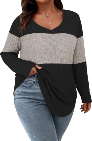 Koscacy Women Plus Size Casual Knit Sweater V Neck Solid Color Tops Lightweight Long Sleeve Blouses