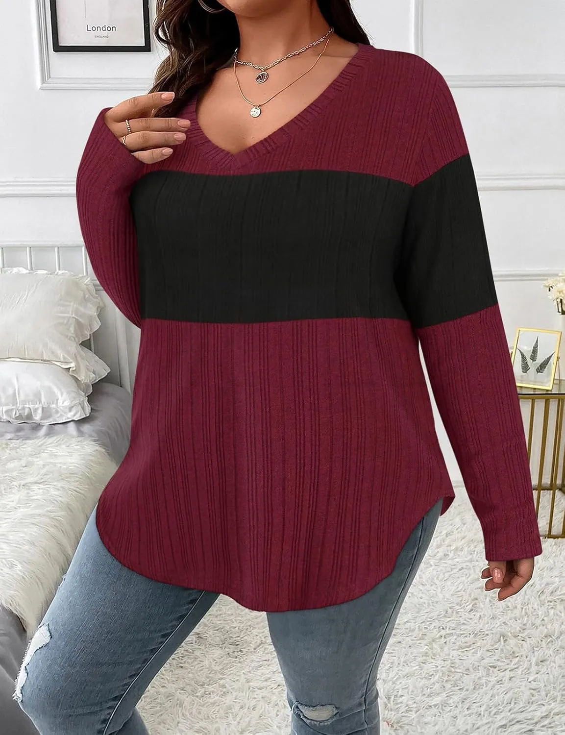 Koscacy Women Plus Size Casual Knit Sweater V Neck Solid Color Tops Lightweight Long Sleeve Blouses