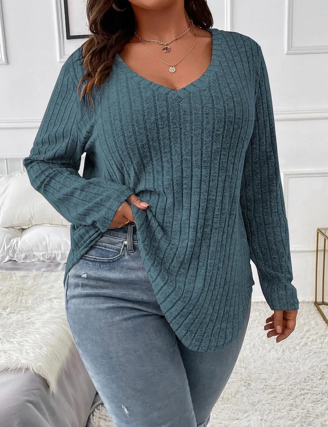Koscacy Women Plus Size Casual Knit Sweater V Neck Solid Color Tops Lightweight Long Sleeve Blouses