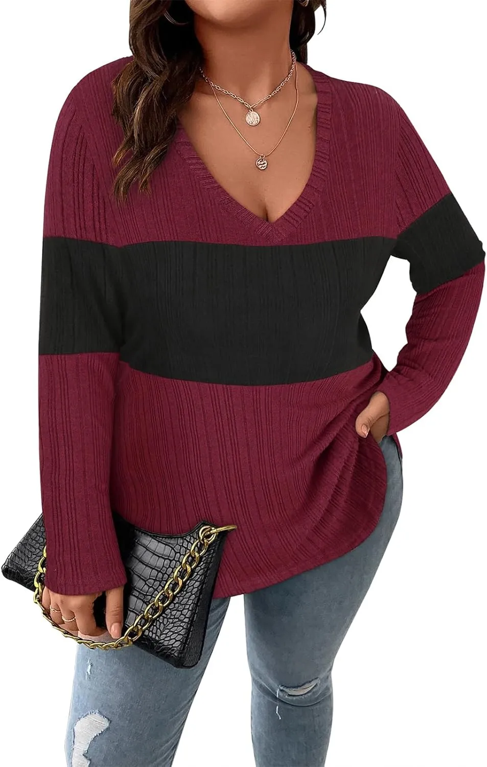 Koscacy Women Plus Size Casual Knit Sweater V Neck Solid Color Tops Lightweight Long Sleeve Blouses