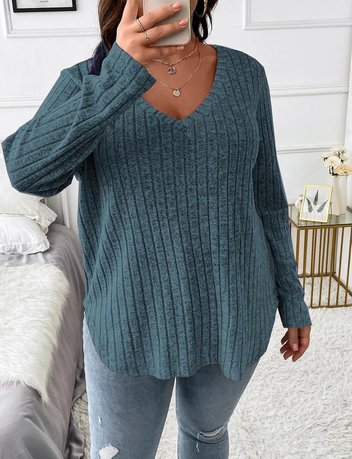 Koscacy Women Plus Size Casual Knit Sweater V Neck Solid Color Tops Lightweight Long Sleeve Blouses