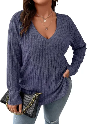 Koscacy Women Plus Size Casual Knit Sweater V Neck Solid Color Tops Lightweight Long Sleeve Blouses
