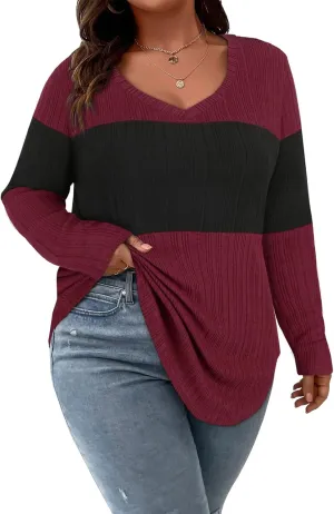 Koscacy Women Plus Size Casual Knit Sweater V Neck Solid Color Tops Lightweight Long Sleeve Blouses