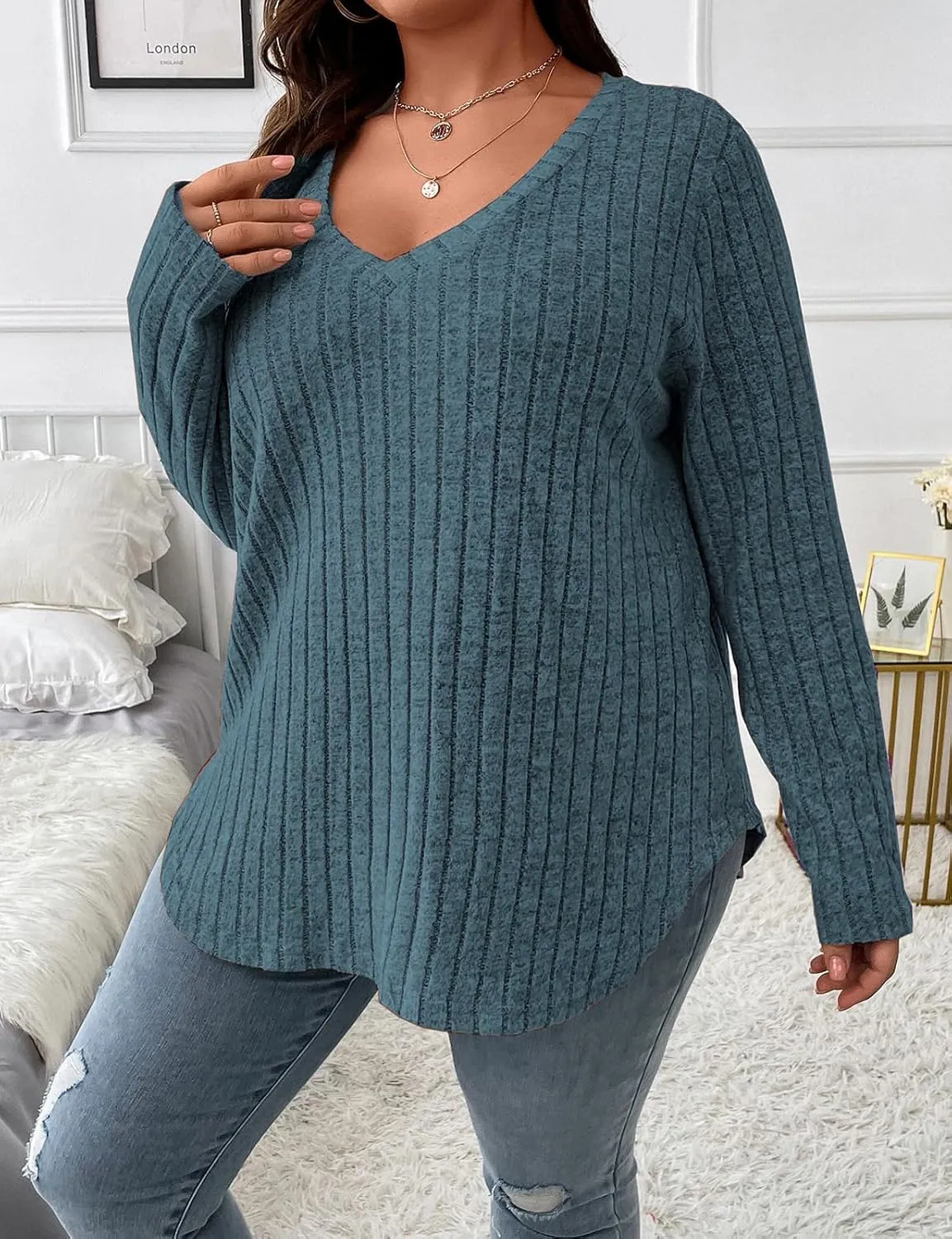 Koscacy Women Plus Size Casual Knit Sweater V Neck Solid Color Tops Lightweight Long Sleeve Blouses