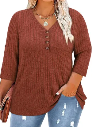 Koscacy Women Plus Size V Neck 3/4 Roll Sleeve Sweater Casual Knit Tops Solid Color Blouses