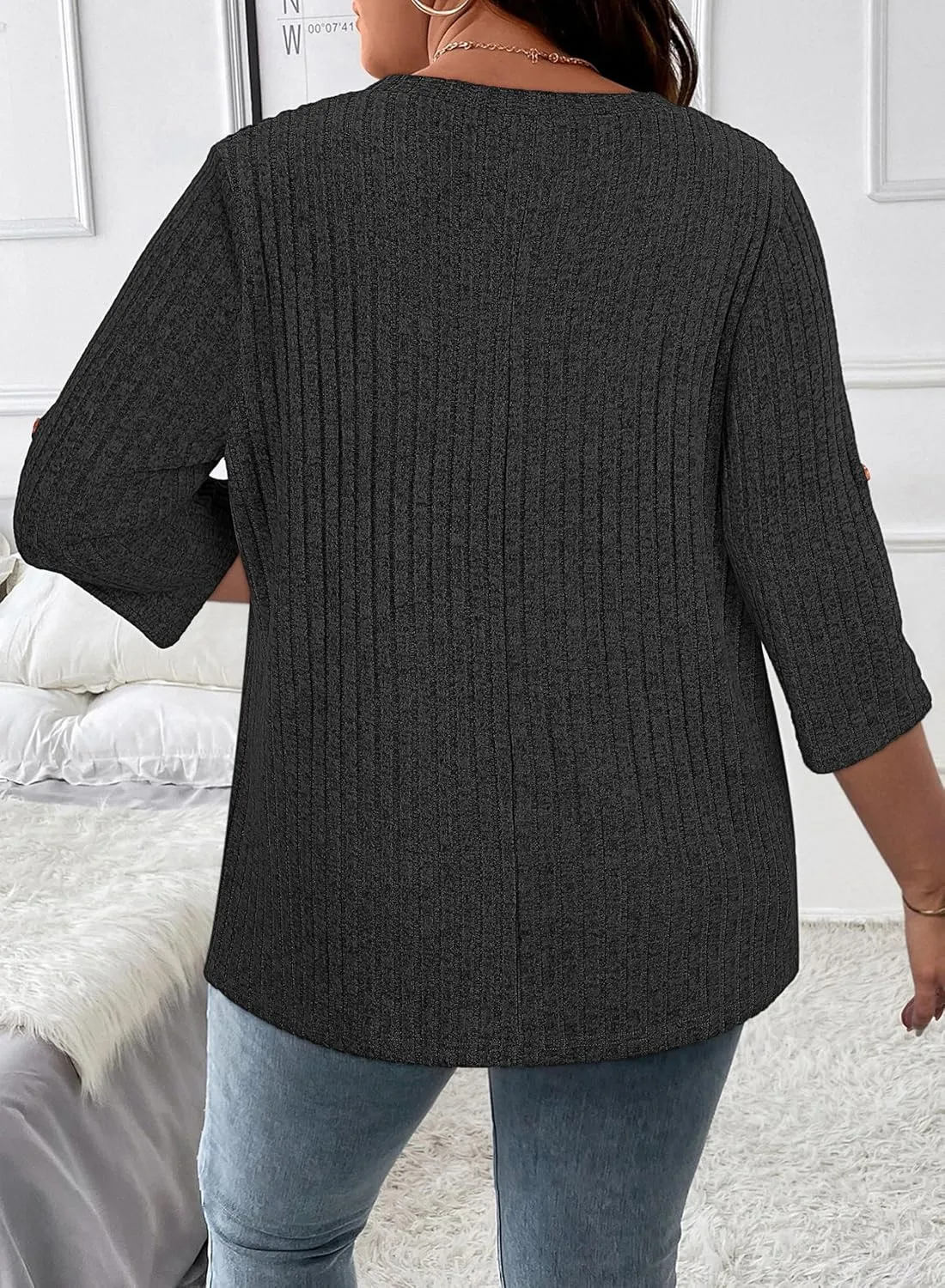 Koscacy Women Plus Size V Neck 3/4 Roll Sleeve Sweater Casual Knit Tops Solid Color Blouses