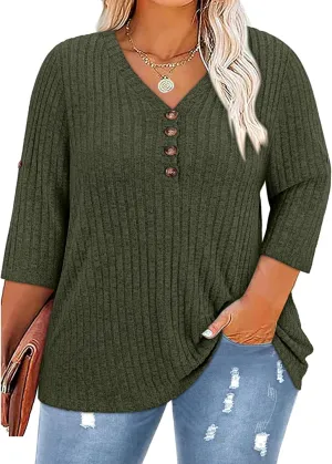 Koscacy Women Plus Size V Neck 3/4 Roll Sleeve Sweater Casual Knit Tops Solid Color Blouses