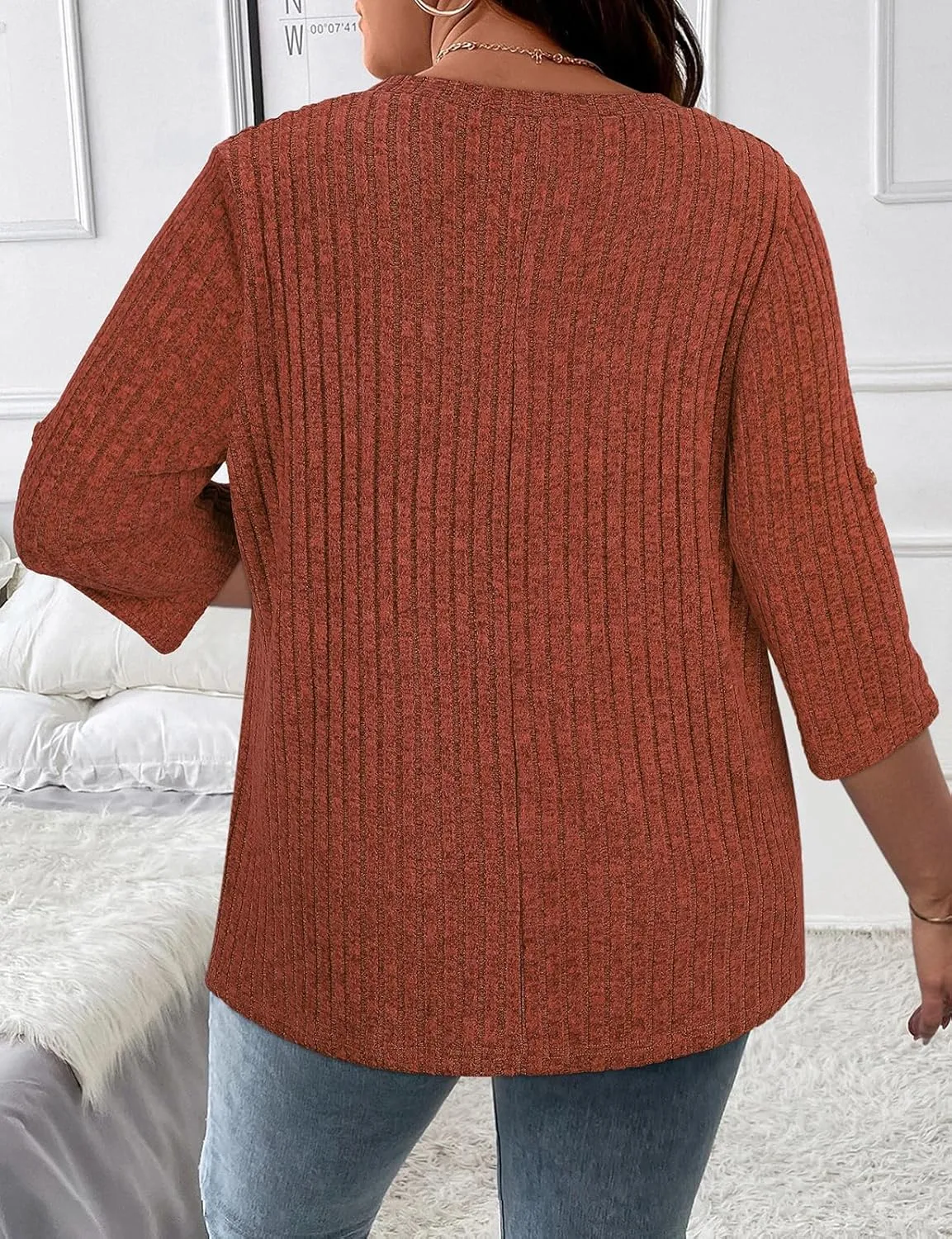 Koscacy Women Plus Size V Neck 3/4 Roll Sleeve Sweater Casual Knit Tops Solid Color Blouses