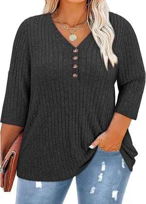 Koscacy Women Plus Size V Neck 3/4 Roll Sleeve Sweater Casual Knit Tops Solid Color Blouses