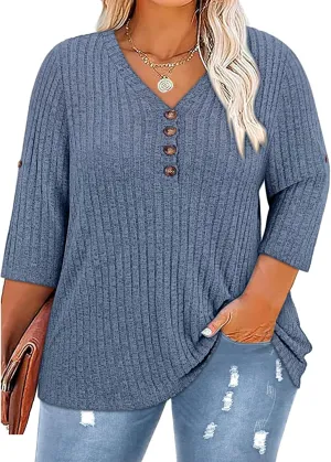 Koscacy Women Plus Size V Neck 3/4 Roll Sleeve Sweater Casual Knit Tops Solid Color Blouses