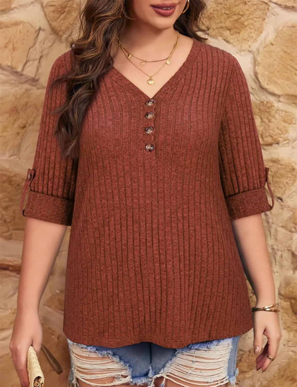 Koscacy Women Plus Size V Neck 3/4 Roll Sleeve Sweater Casual Knit Tops Solid Color Blouses