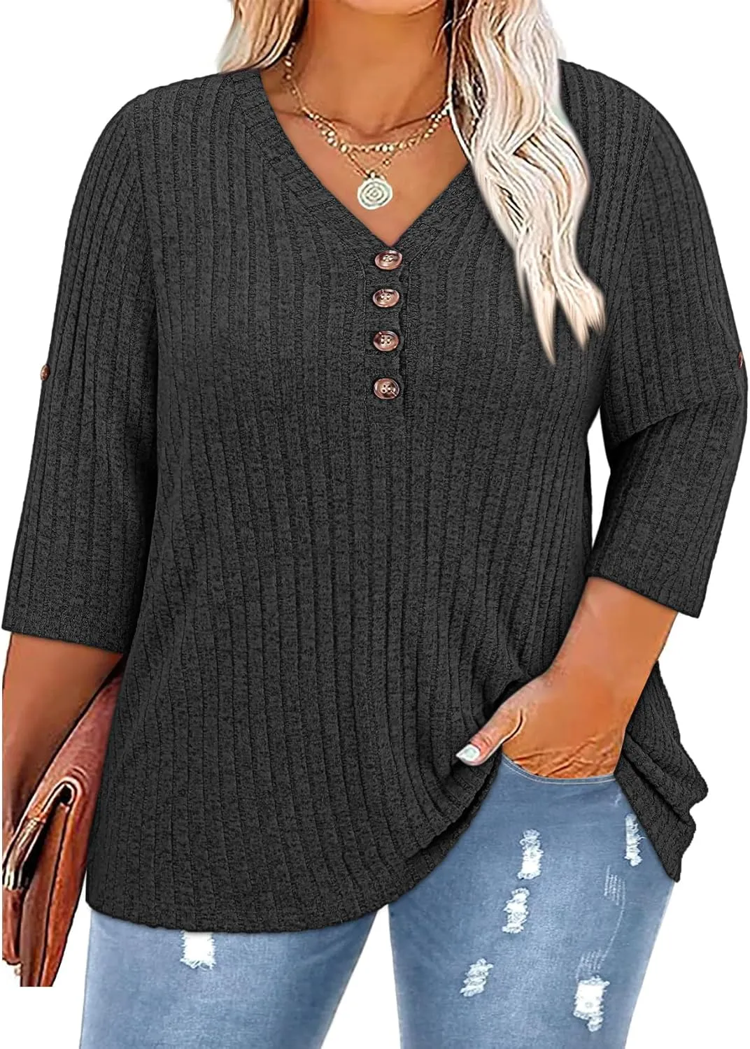 Koscacy Women Plus Size V Neck 3/4 Roll Sleeve Sweater Casual Knit Tops Solid Color Blouses