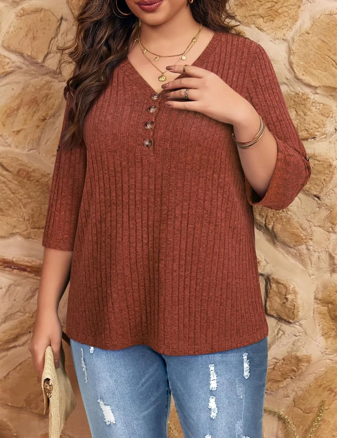 Koscacy Women Plus Size V Neck 3/4 Roll Sleeve Sweater Casual Knit Tops Solid Color Blouses