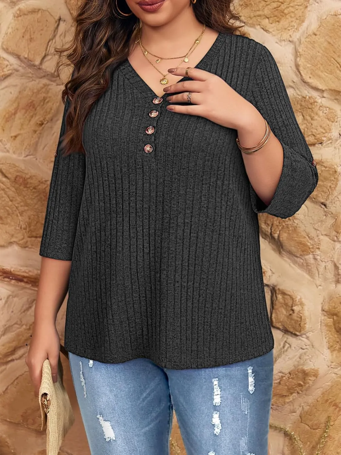 Koscacy Women Plus Size V Neck 3/4 Roll Sleeve Sweater Casual Knit Tops Solid Color Blouses