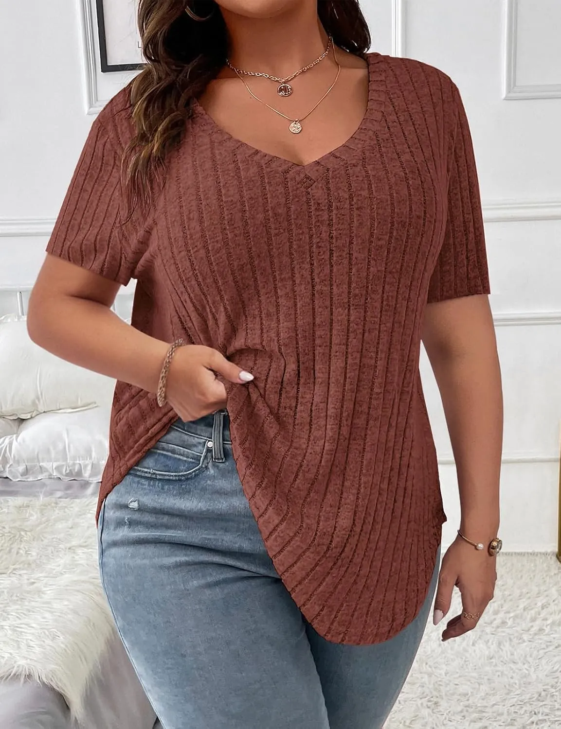 Koscacy Women's Plus Size Casual Tops V Neck Solid Color Shirts Lightweight Short Sleeve Blouses