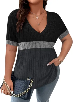 Koscacy Women's Plus Size Casual Tops V Neck Solid Color Shirts Lightweight Short Sleeve Blouses