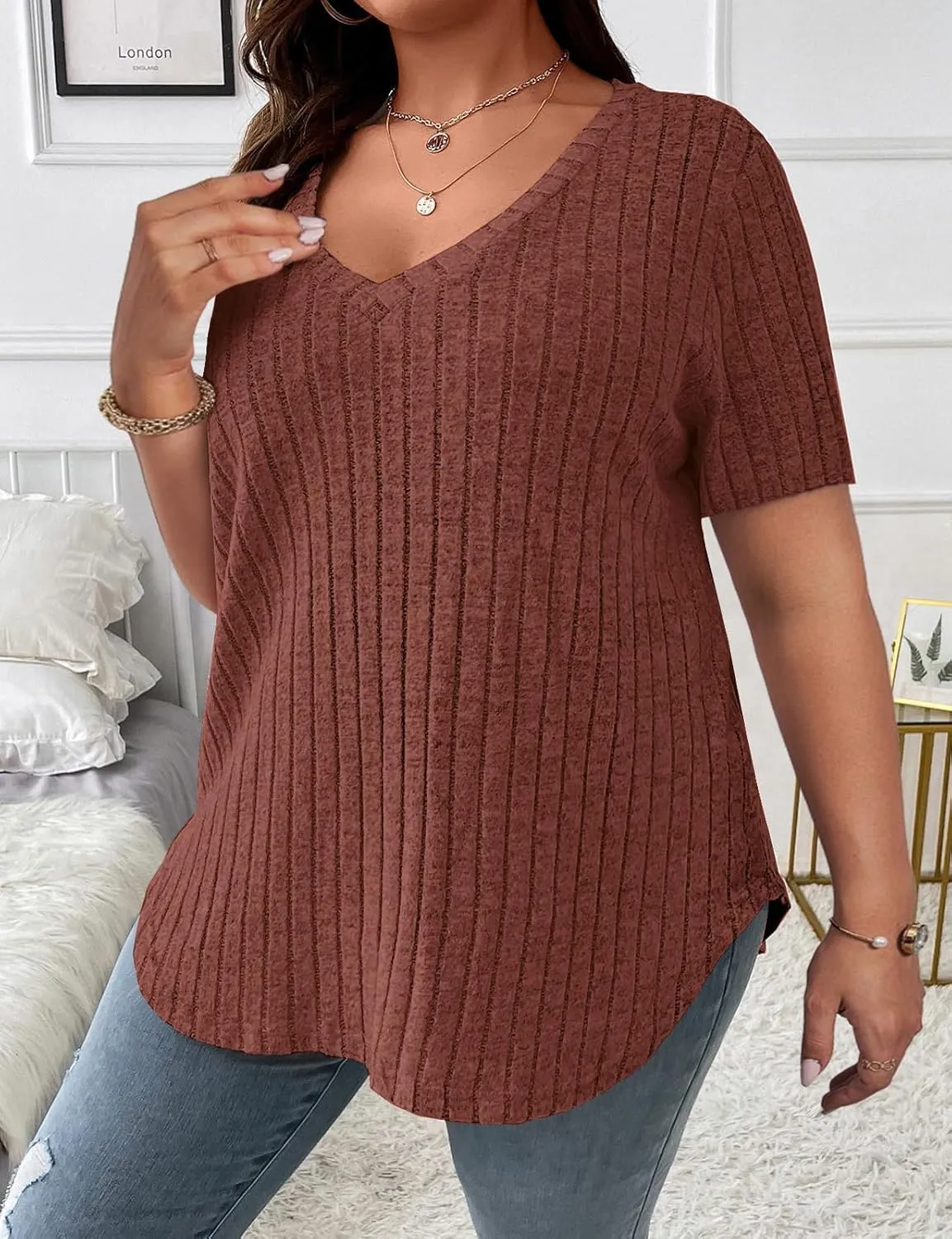Koscacy Women's Plus Size Casual Tops V Neck Solid Color Shirts Lightweight Short Sleeve Blouses