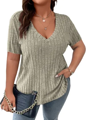 Koscacy Women's Plus Size Casual Tops V Neck Solid Color Shirts Lightweight Short Sleeve Blouses