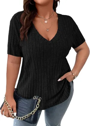 Koscacy Women's Plus Size Casual Tops V Neck Solid Color Shirts Lightweight Short Sleeve Blouses