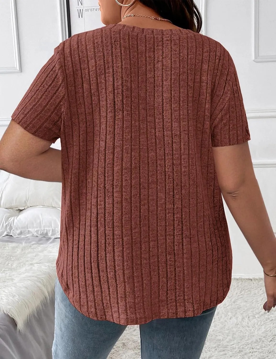 Koscacy Women's Plus Size Casual Tops V Neck Solid Color Shirts Lightweight Short Sleeve Blouses
