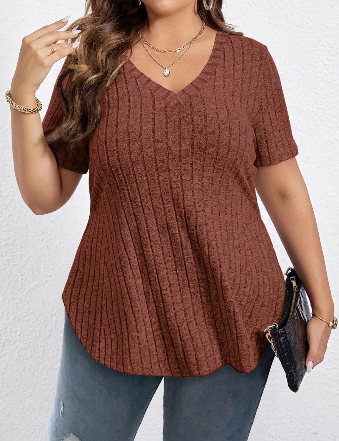 Koscacy Women's Plus Size Casual Tops V Neck Solid Color Shirts Lightweight Short Sleeve Blouses