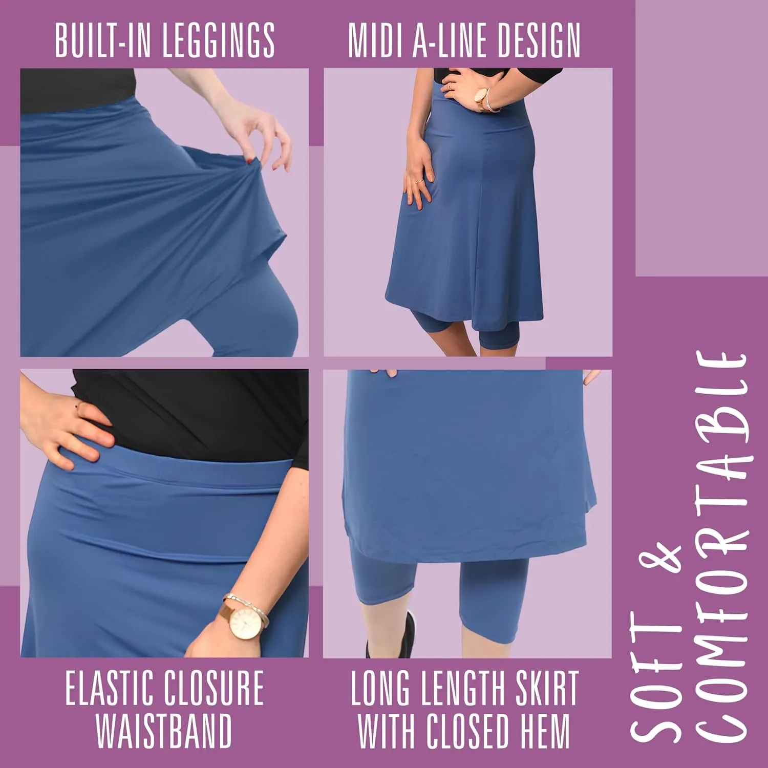 Kosher Casual Athletic Skirt with Leggings, Long Midi Length Sports & Swim Skirt