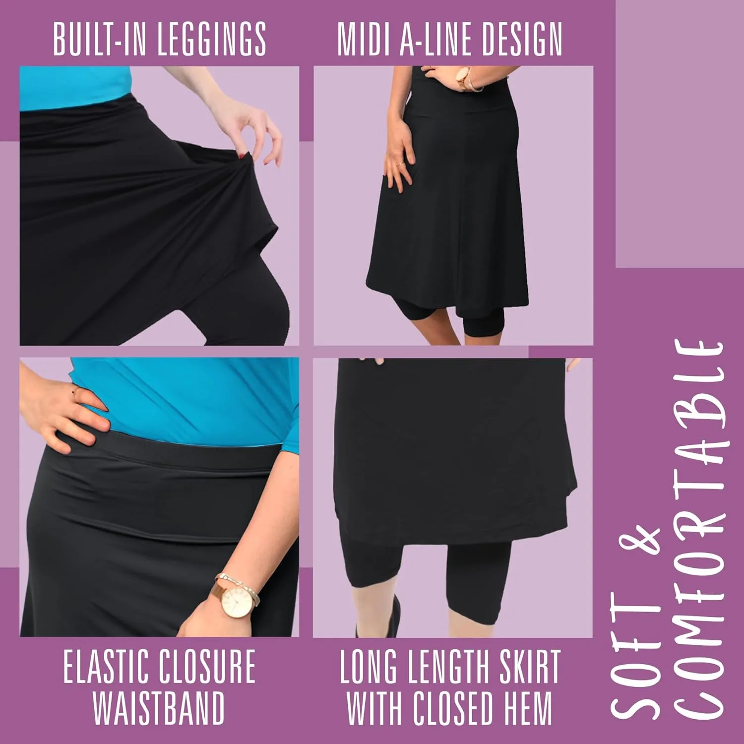 Kosher Casual Athletic Skirt with Leggings, Long Midi Length Sports & Swim Skirt