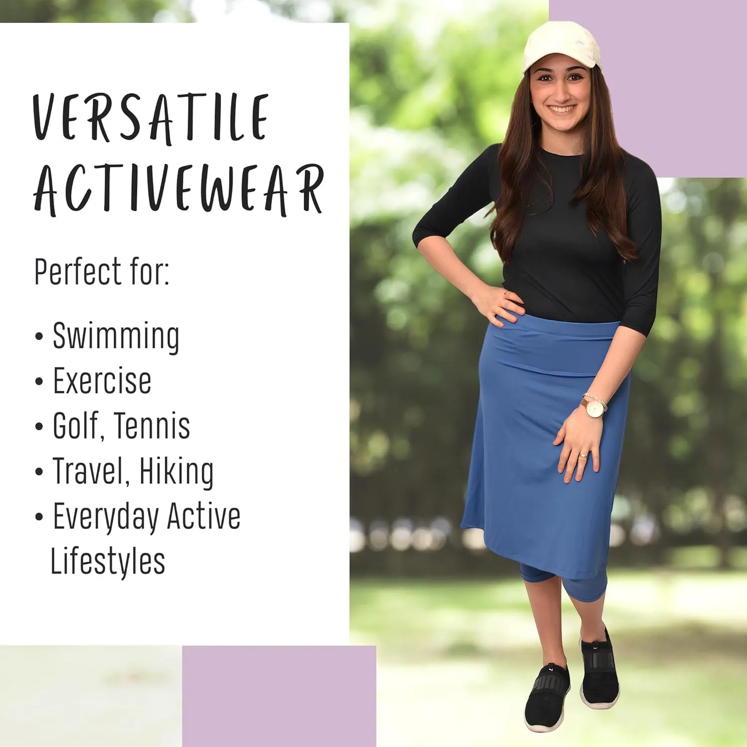Kosher Casual Athletic Skirt with Leggings, Long Midi Length Sports & Swim Skirt