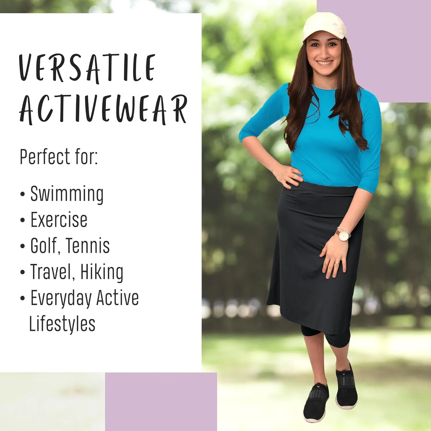 Kosher Casual Athletic Skirt with Leggings, Long Midi Length Sports & Swim Skirt