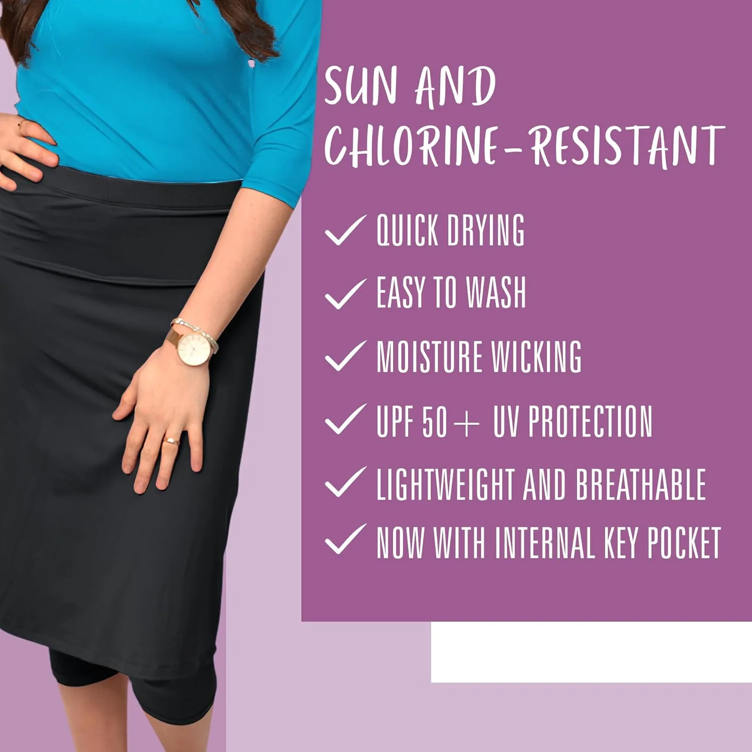 Kosher Casual Athletic Skirt with Leggings, Long Midi Length Sports & Swim Skirt
