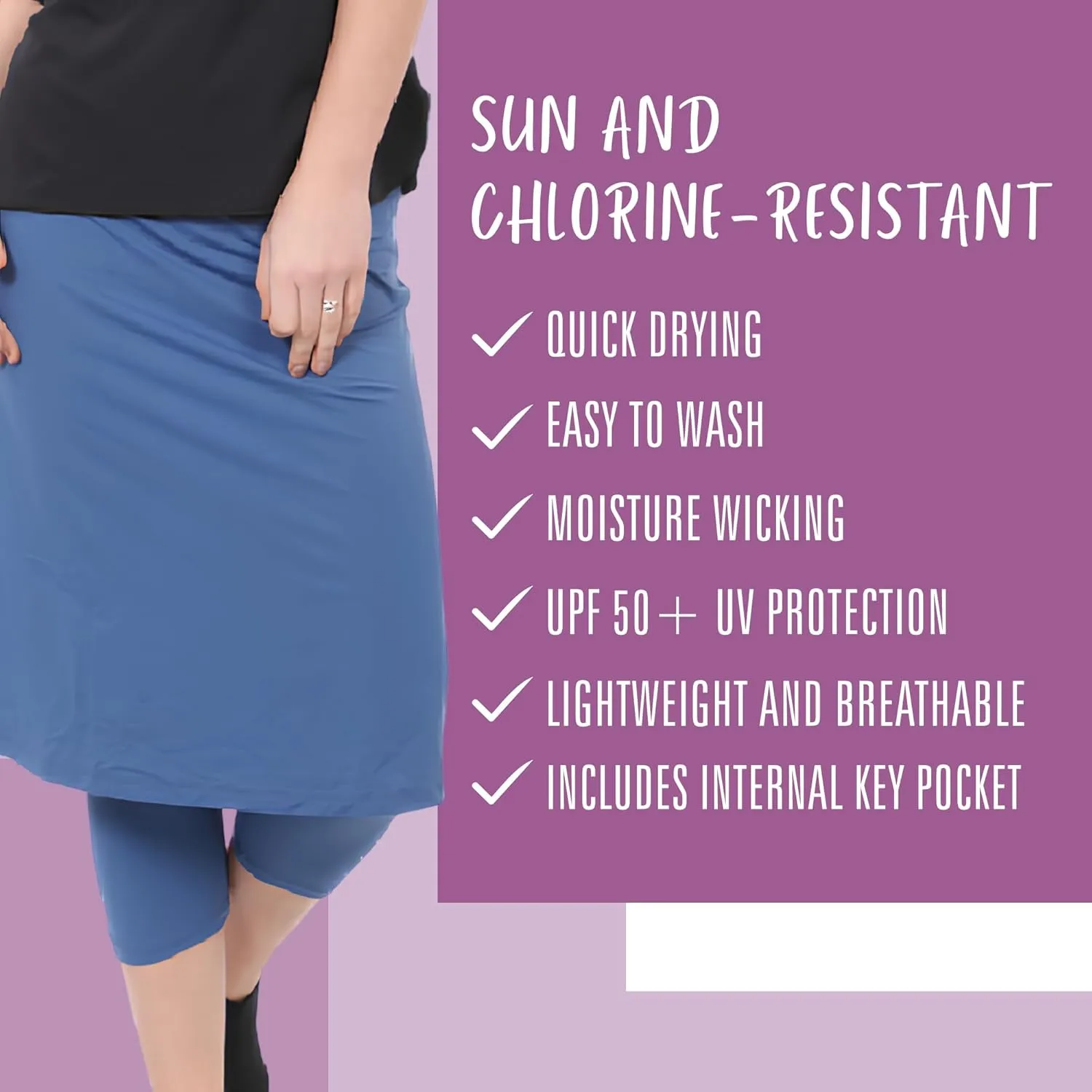 Kosher Casual Athletic Skirt with Leggings, Long Midi Length Sports & Swim Skirt