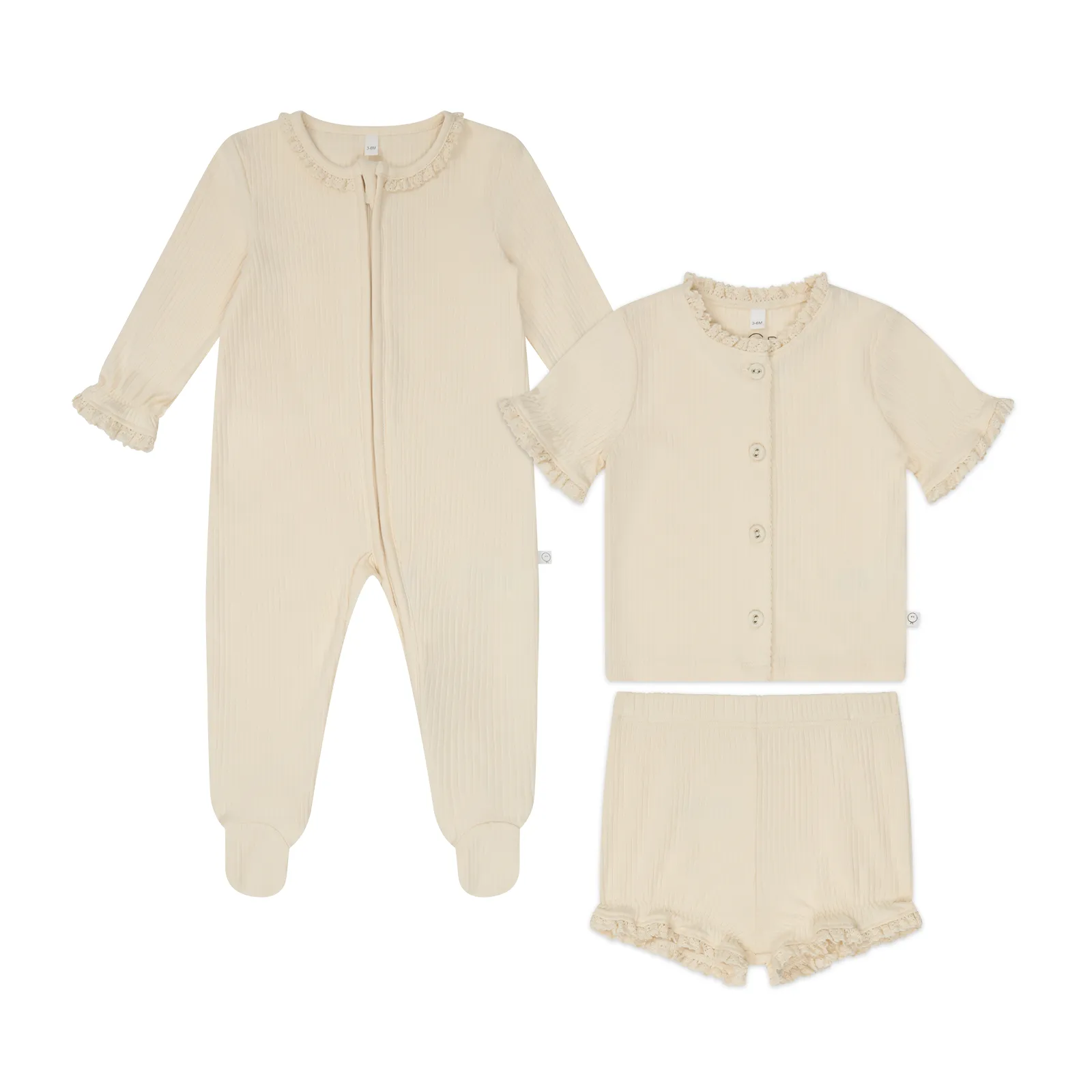 Lace Trim Ribbed Clever Zip Baby Romper & Frilled Ribbed Cardigan and Shorts Outfit