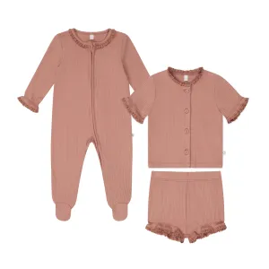 Lace Trim Ribbed Clever Zip Baby Romper & Frilled Ribbed Cardigan and Shorts Outfit