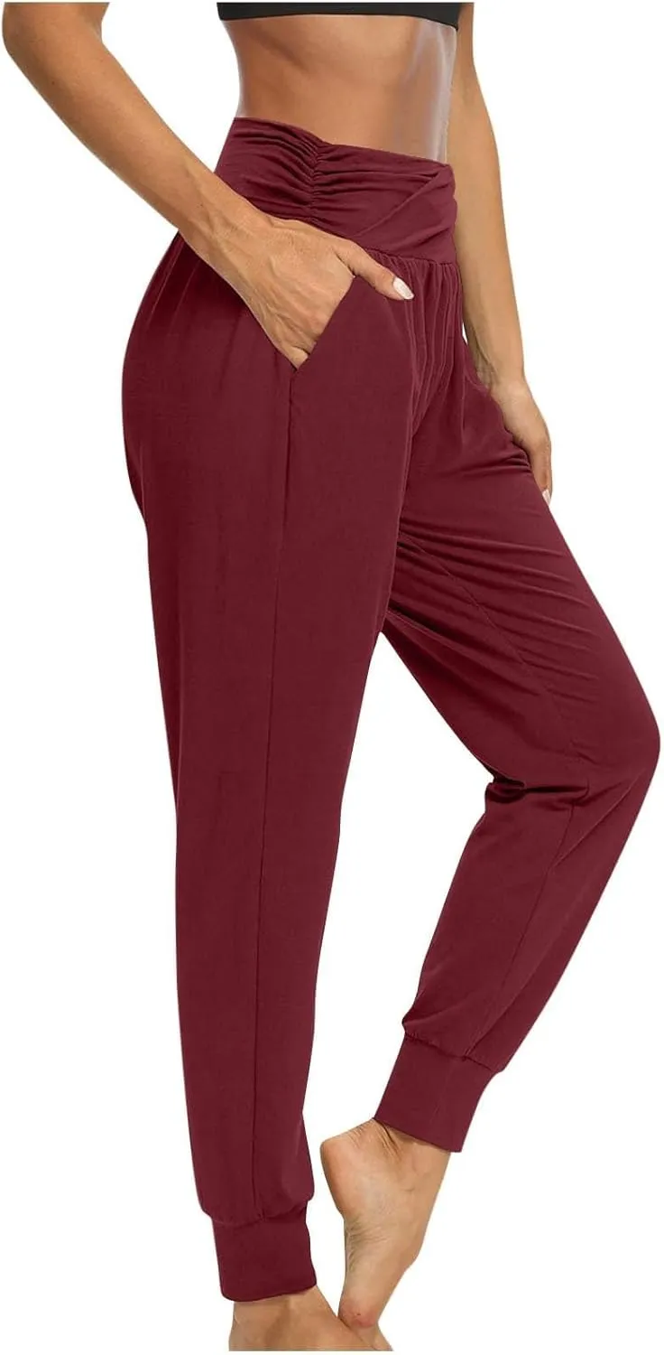 Ladies Harem Trousers Crossover Elastic High Waist Stretch Casual Yoga Pants Tapered Leg Lightweight Loungewear Sleep Pant
