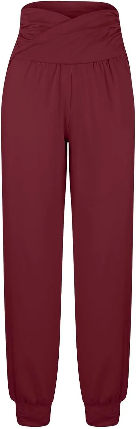 Ladies Harem Trousers Crossover Elastic High Waist Stretch Casual Yoga Pants Tapered Leg Lightweight Loungewear Sleep Pant